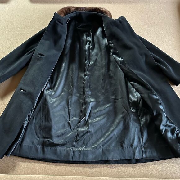 50s Coat Black Vintage Wool Fur Collar Fully Lined Size L - Picture 10 of 11